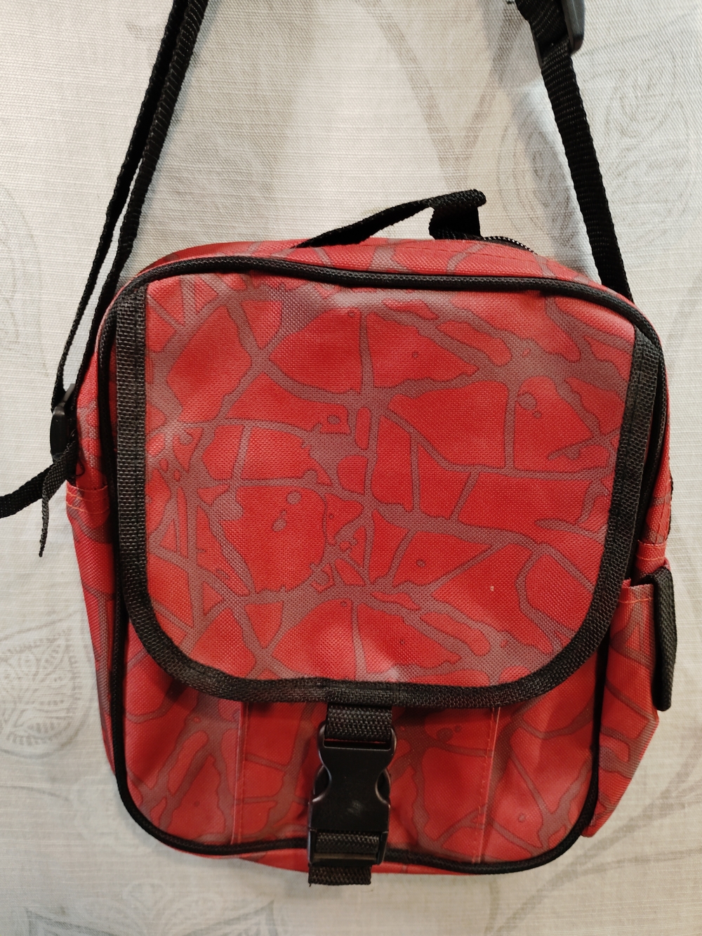 Red Crossbody Shoulder Bag with Abstract Pattern